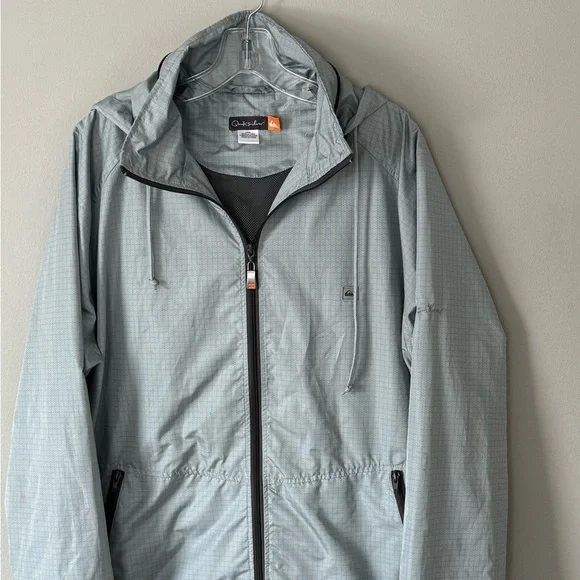 Quicksilver Jacket Windbreaker Womens Lg Hooded Full Zip Pocket Logo Silver - Picture 2 of 11